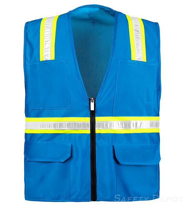 blue safety vest with pockets and zipper